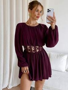 Siren Gaze Vestido mini de moda con cuello redondo, mangas farol, cintura ceñida y dobladillo de volantes transparentes de unicolor para mujer - Rojo violeta - Ver 4