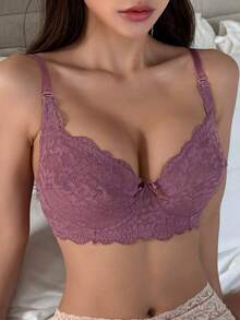 DAZY Áo ngực nữ ren chắp vá có dây đeo mảnh có thể điều chỉnh, hơi xếp ly - Màu tím  Violet - Xem 5