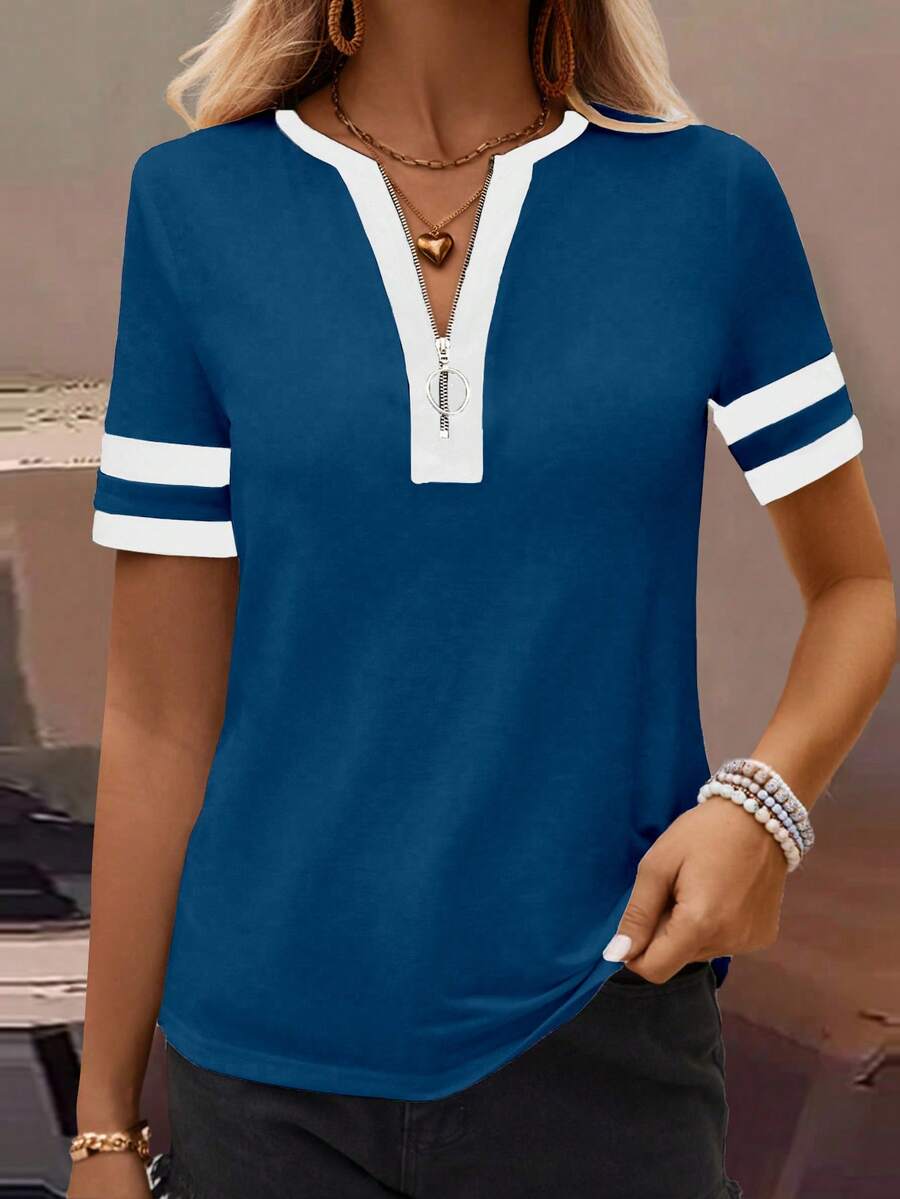 EMERY ROSE Camiseta gráfica de mujer con media cremallera y mangas cortas a rayas - Multicolor - Ver 1