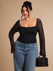 SHEIN BAE 大码女式方领黑色网纱拼接修身长袖上衣，时尚修身秋季长袖上衣，适合女性参加圣诞音乐会、夜店等场合，性感百搭，秋季音乐会必备，黑色上衣 - 黑色 - 查看 3