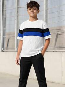 Vacaura 1pc Teen Boy's Crew Neck Short Sleeve Patchwork T-Shirt,Knitted Jacquard Fabric,Slim Fit Striped Top,White,Summer,Streetwear,Beach,New Spring Clothes - Black and White - View 6