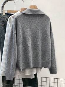 Franclia 优雅翻领针织女式毛衣，宽松V领套头衫，适合秋冬季节，大码尺码 - 灰色 - 查看 2