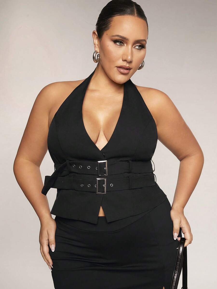 SHEIN BAE 大码女式黑色露背无袖吊带背心