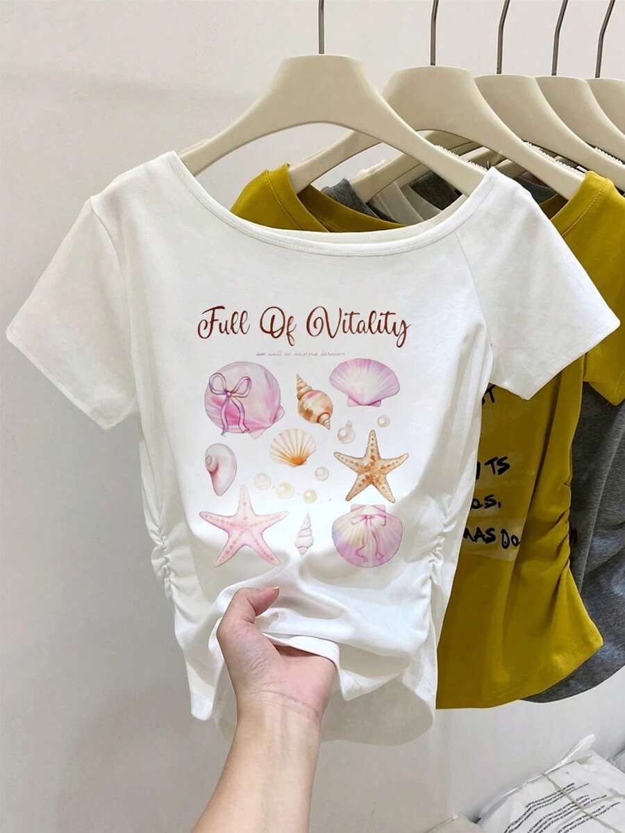 Resyla Women's Summer Seashell Print Short Sleeve T-Shirt, Side Ruched Slim Fit Off-Shoulder Top - White - View 1