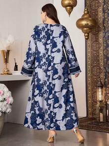 Al Najma Abito lungo in stile arabo elegante con stampa, a maniche lunghe, in tessuto lavorato, per donna taglia comoda, primavera/estate - Blu - Visualizzare 2