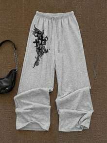 Attitoon Pantalones de chándal con cordón y estampado de cruz minimalista de talla grande - Gris - Ver 3