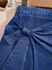 SHEIN Jupe en jean bleu Y2K avec décoration de nœud pour jeune fille, tenue de vacances décontractée de printemps et d'été pour filles, style bohème champêtre, tenues de plage pour filles - Jean brut - Voir 3