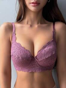 DAZY Áo ngực nữ ren chắp vá có dây đeo mảnh có thể điều chỉnh, hơi xếp ly - Màu tím  Violet - Xem 8