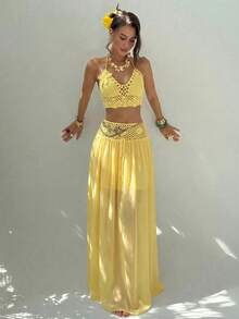 Conjunto 2 Piezas Mujer Top Punto Sin Mangas con Flores 3D + Falda, Estilo Halter de Ganchillo y Gasa, Diseño Bohemio Tropical, Ideal para Verano, Playa, Vacaciones, Otoño e Invierno, - Amarillo - Ver 3