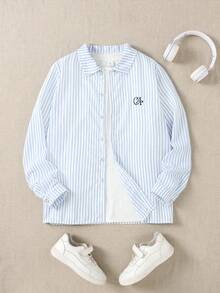 Casuvi Kids 1pc Blue & White Striped Casual Shirt For Teenagers (Boys), With Delicate CA Embroidered Pattern On Chest, Fashionable Woven Label On Back, Suitable For School, Commute, Weekend Gatherings, And Casual Lifestyle Boys Striped Shirt Royal Blue And White Boys Shirt Boys Preppy Tops - Blue and White - View 3