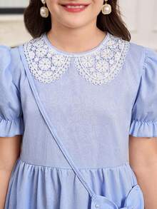 SHEIN Kids Elegant Lace Trim Peter Pan Collar Dress, Girls Puff Sleeve Jacquard Blue Dress For Birthday Party & Daily Wear - Blue - View 7