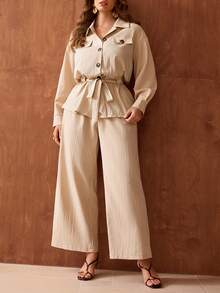 Roveilla Plus Size Woven Shirt Collar Open Front Cinched Waist Casual Long Sleeve Pants Two Pieces Set - Khaki - View 7