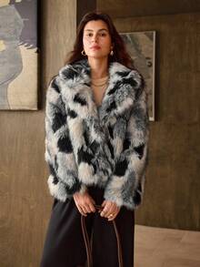 Hansera Autumn/Winter New Black & Gray Leopard Print Faux Fur Coat, Women's New Winter Lapel Faux Fur Coat, Christmas Dress, Christmas Women's Wear, Christmas Clothing, Women's Autumn/Winter Wear, Women's Autumn Wear, Winter Clothing, New Year Clothing, New Year Clothing, Black & Gray Coat, French Elegant Warm Coat, Skin-Friendly Comfortable Fabric, Slimming Silhouette, Fashionable Women's Versatile Warm Faux Fur Coat - Grey - View 1