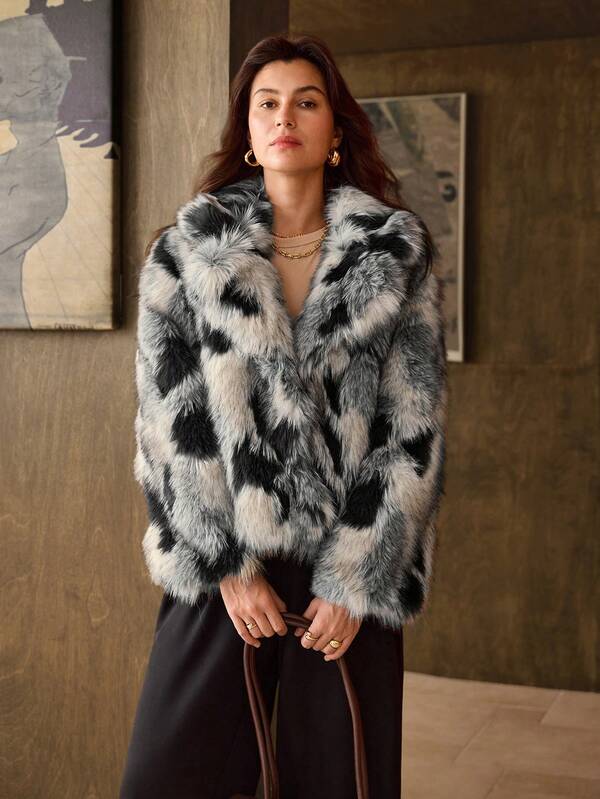 Hansera Autumn/Winter New Black & Gray Leopard Print Faux Fur Coat, Women's New Winter Lapel Faux Fur Coat, Christmas Dress, Christmas Women's Wear, Christmas Clothing, Women's Autumn/Winter Wear, Women's Autumn Wear, Winter Clothing, New Year Clothing, New Year Clothing, Black & Gray Coat, French Elegant Warm Coat, Skin-Friendly Comfortable Fabric, Slimming Silhouette, Fashionable Women's Versatile Warm Faux Fur Coat