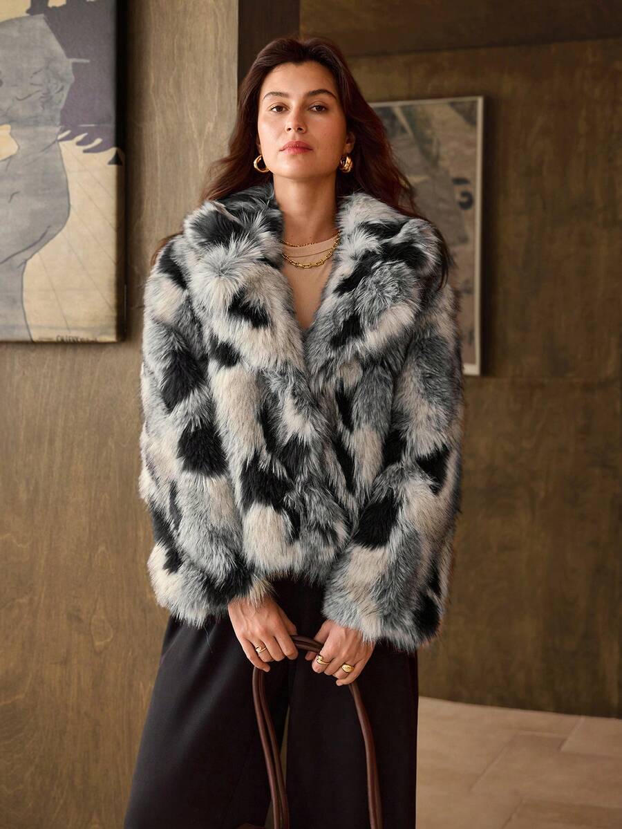 Hansera Autumn/Winter New Black & Gray Leopard Print Faux Fur Coat, Women's New Winter Lapel Faux Fur Coat, Christmas Dress, Christmas Women's Wear, Christmas Clothing, Women's Autumn/Winter Wear, Women's Autumn Wear, Winter Clothing, New Year Clothing, New Year Clothing, Black & Gray Coat, French Elegant Warm Coat, Skin-Friendly Comfortable Fabric, Slimming Silhouette, Fashionable Women's Versatile Warm Faux Fur Coat - Grey - View 1