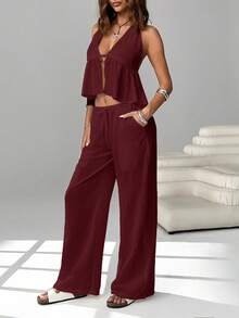 SHEIN EZwear 2pcs/Set Women Woven Backless Halter Top And Pants Casual Vacation Outfit, Deep Wine Red Two Piece Vacation Set Women Summer 2 Piece Sets Woman Pant Suit Summer Sets Casual Two Piece Set Pants Two Piece Set - Red Violet - View 4