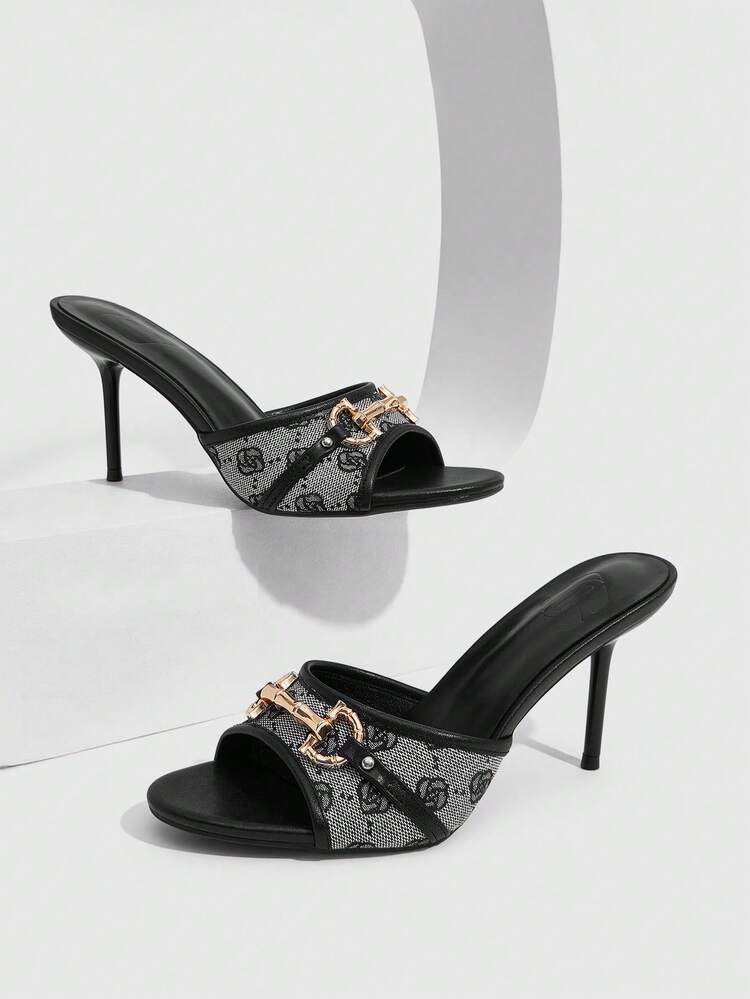 CUCCOO SZL Women Shoes Summer New Metal Buckle Pointed Toe Thin Heel High Heel Open Toe Slippers Temperament Fashion High Heel Sandals Prom Heels