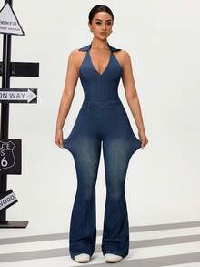 Flexra Women's Sexy Backless Halter Neck Washed Denim Jumpsuit, Summer