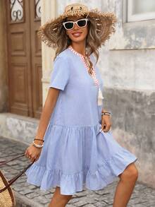 Brillora 女士V领拼接流苏绳A字纹理休闲条纹连衣裙，适合春夏户外度假穿着 - 藍白色 - 查看 4