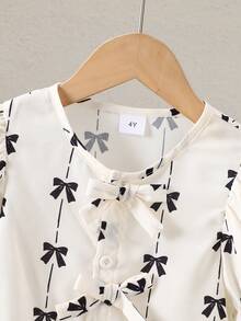 SHEIN Elladie kids 4-7岁女童春夏荷叶边领泡泡袖衬衫，弹力双层纱布面料，蝴蝶印花，蝴蝶结装饰，适合日常穿着、外出、休闲活动 - 白色 - 查看 7