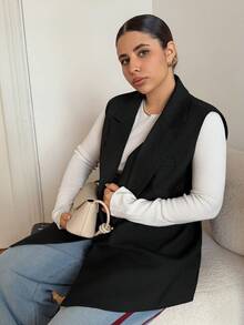 Dazy Plus Fashionable Solid Color Lapel Collar Versatile Suit Jacket Vest - Black - View 3