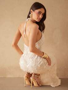 Silquee 女士优雅亮片露背高开衩吊带连衣裙，夏季 - 杏色 - 查看 6