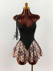 Amplova 朋克风铆钉格子拼接女式迷你连衣裙 - 彩色 - 查看 2