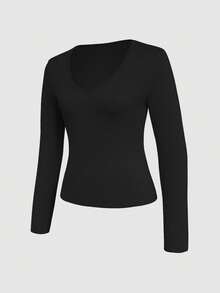 EMERY ROSE CURVE Plus Size Women Casual Solid Color Fleece V-Neck T-Shirt - Black - View 4