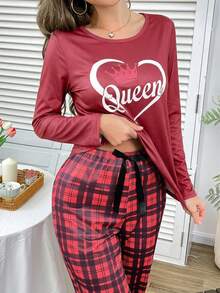 情人节情侣爱心皇冠格子撞色女士睡衣套装 - 彩色 - 查看 3