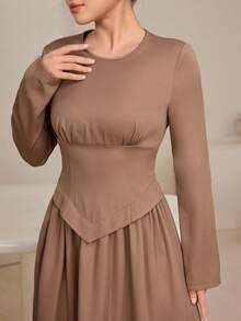 Graceveil Women's Solid Color Round Neck Long Sleeve Ruched Waist Elegant Dress Brown Long Dress Modest Elegant Dress Long Sleeve Dress Brown Dress Women Earth Tone Dress - Brown - View 6