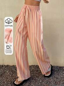 DAZY Women Striped Loose Waist Tie Pajama Pants - Pink - View 1