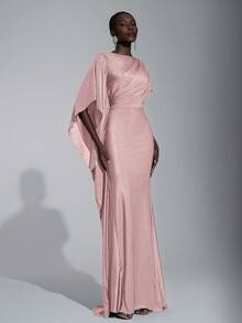 Elitara Elegant Luxurious Navy Blue Satin Ruffle Sleeve Sexy Slit Fishtail Bridesmaid Dress - Dusty Pink - View 6