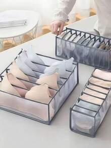 One Set Three Pieces Large Transparent Mesh Multi Compartment Underwear Organizer Drawer Storage Box Bra Sock Closet Divider Home Organization Space Saving Wardrobe Essential - Grey - View 2