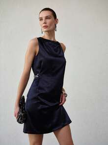 MOTF PREMIUM WOMEN'S ASYMMETRIC NECK METAL DECOR MINIMALIST ELEGANT SHORT DRESS, SPRING/SUMMER - Navy Blue - View 5