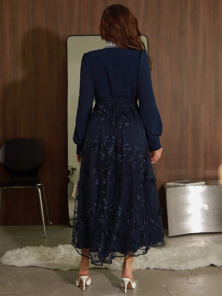 Spring & Summer Shiny Rhinestone Organza Floral All-Over Print Embroidered Mesh Blue Dress, Elegant For Valentine's Day, Wedding, Party, Formal Occasion, Fashion Event, Slim Fit, Long Maxi Dress Wedding Guest Dress Sundress