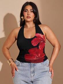 SHEIN BAE 大码女士夏季露背碎花上衣/夏季上衣/音乐节/海滩度假上衣，适合7月4日、毕业典礼、Y2K、西部风、夜店性感、办公室等场合。 - 黑色 - 查看 3