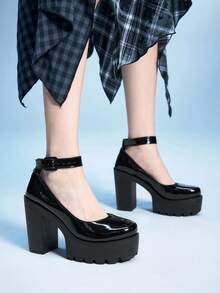 Sugerpunk Zapatos de tacón alto para mujer de estilo gótico oscuro, zapatos de cuero con punta cerrada tipo Mary Jane, con hebilla de cinturón, zapatos formales para el trabajo, zapatos de uniforme japonés JK, para el Día de San Valentín - Negro - Ver 4