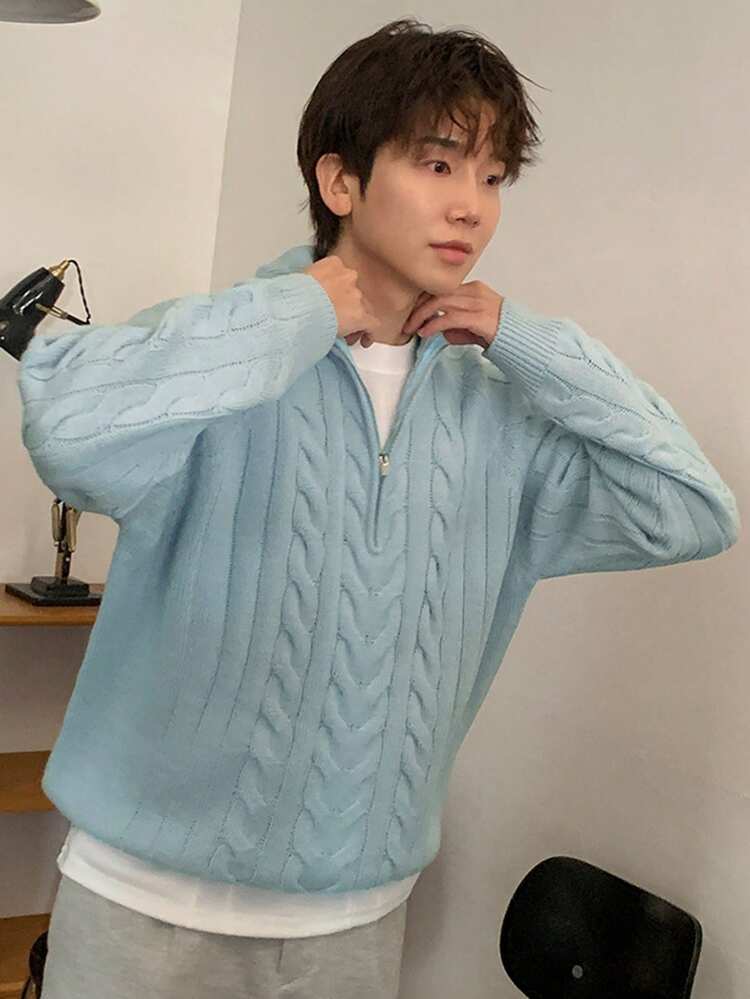 Men's Solid Color Zip-Up Partial Placket Raglan Sleeve Sweater, Autumn Quarter Zip Men