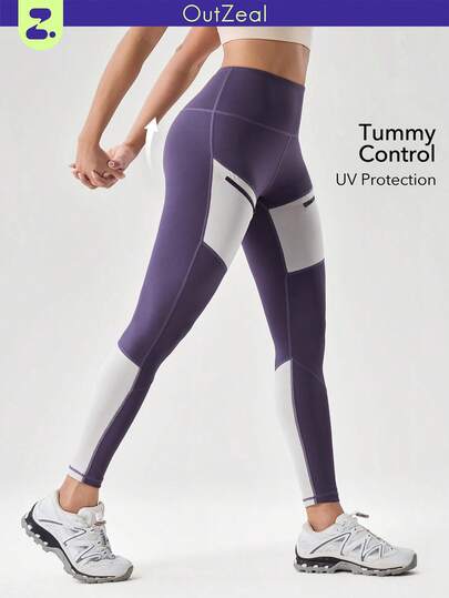 OutZeal Women Tummy Control High Waisted Zip Pocket Color-Blocked Outdoor Legging Hiking Camping
