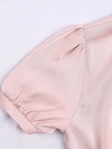 GlowEve 女士圆领泡泡袖荷叶边腰身优雅衬衫 - 粉色 - 查看 5