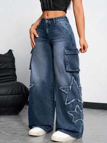 Flirla Plus Size Casual Distressed Elastic Waist Jeans - Medium Wash - View 7
