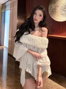 DAZY 优雅露肩花卉装饰上衣，适合情人节、婚礼、派对、时尚活动等场合，长袖春季波西米亚风度假装扮，女士 - 米色 - 查看 10
