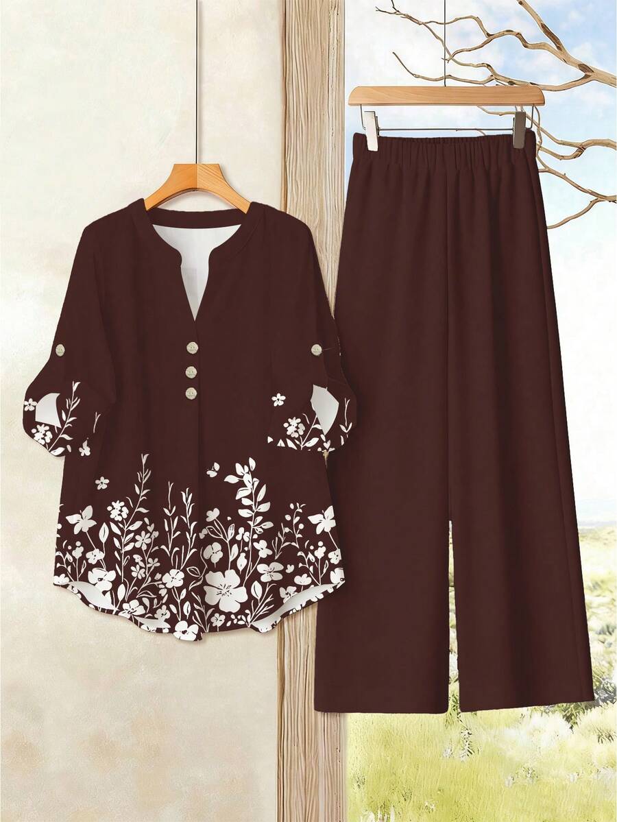 SHEIN LUNE 女款棕色花卉優雅兩件套 V領荷葉袖襯衫與寬腿長褲,休閒秋季早午餐夏季服飾嘉年華上衣與長褲套裝 - 酒紅色 - 查看 1