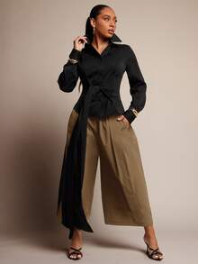 Vixey Quần culotte công sở với chi tiết bo chun ở eo. - Lạc đà - Xem 3