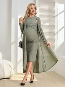 SHEIN 2pcs Maternity Casual Ribbed Camisole & Cardigan Set - Green - View 6