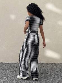 2pcs Tween Girls Spring Striped Short Sleeve T-Shirt And Pants Casual Set - Black and White - View 2
