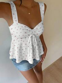 MainGRL Cute Ditsy Floral Full Coverage Drawstring Camisole Tank Top, Casual Vacation Wear, Chic Summer Blouse Spring - Multicolor - View 3