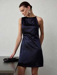 MOTF PREMIUM WOMEN'S ASYMMETRIC NECK METAL DECOR MINIMALIST ELEGANT SHORT DRESS, SPRING/SUMMER - Navy Blue - View 6