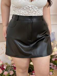 SHEIN EZwear Große Größen einfarbiger PU-Leder Slim Fit Lässig Rock, Frühling/Sommer Valentinstag - Schwarz - Übersicht 6