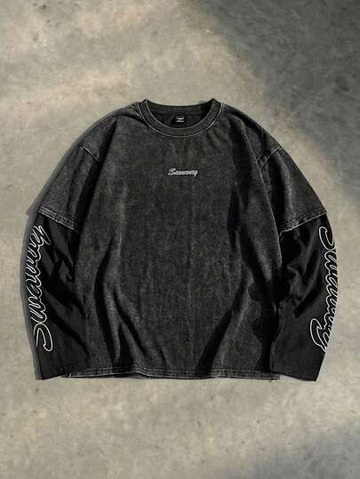 SWAVVY 男士休闲标准尺码T恤，圆领，黑色撞色印花，水洗效果